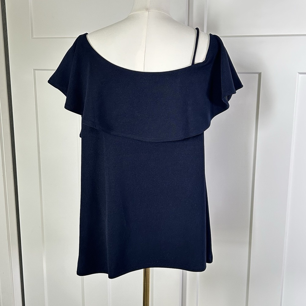 Banana Republic XL Navy Flutter Overlay Blouse Short Sleeve Stretch Top - Picture 5 of 10